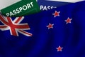 New Zealand flag background and passport of New Zealand. Citizenship, official legal immigration, visa, business and travel