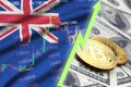 New Zealand flag and cryptocurrency growing trend with two bitcoins on dollar bills Royalty Free Stock Photo