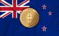 New Zealand flag ethereum gold coin on flag background. The concept of blockchain bitcoin currency decentralization in the