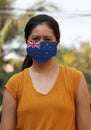 New zealand flag on hygienic mask. Masked Asian woman prevent germs. concept of Tiny Particle protection or Covid 19 Royalty Free Stock Photo