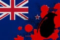 New Zealand flag and MK2 frag grenade in red blood. Concept for terror attack or military operations with lethal outcome