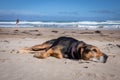 New Zealand Huntaway lying on beach in sun two days after retiring from being a full time sheepdog Royalty Free Stock Photo