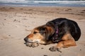 New Zealand Huntaway lying on beach in sun two days after retiring from being a full time sheepdog Royalty Free Stock Photo