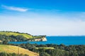 New Zealand iconic landscape - lush green hills and cliff over blue sea.