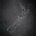 New Zealand map, administrative division separates regions and names, design card blackboard chalkboard blank