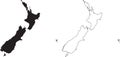 Map of New Zealand. Set of two maps of New Zealand. Black Silhouette and Black Outline. EPS Vector file Royalty Free Stock Photo