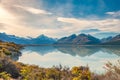 New Zealand. Mountain landscape including Aoraki Mt. Cook and Mt. Tasman of Southern Alps. Snowcapped mountains