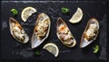 New Zealand Mussels baked with butter, garlic, parsley and cheese Royalty Free Stock Photo