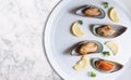 New Zealand Mussels with slices lemon and parsley, on white dish and white marble table Royalty Free Stock Photo
