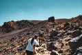 New Zealand, North Island, A group of people trekking in Beautiful Landscape of Tongariro Crossing track on a beautiful day