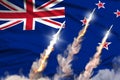 New Zealand nuclear missile launch - modern strategic nuclear rocket weapons concept on flag fabric background, military