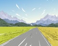 New Zealand.Road among the mountains. Beautiful landscape. Hand drawn vector illustration.