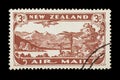 1931 New Zealand airmail stamp with plane and landscape