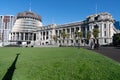 New Zealand`s three government buildings including circular landmark known as Beehive or executive building, traditional