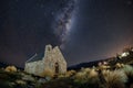 Famous tourist attraction of Church at Lake Tekapo with milky way galaxy, New Zealand at night Royalty Free Stock Photo