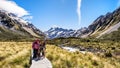 NEW ZEALAND, SOUTH ISLAND, MOUNT COOK - FEBRUARY 2016: A group of young traveler explores Valley track. Working holiday