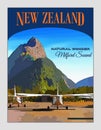 New Zealand, Travel Poster, Milford Sound Royalty Free Stock Photo