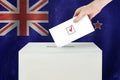 New Zealand Vote concept. Voter hand holding ballot paper for election vote on polling station