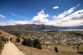 Scenic aerial view of tourists climbing elephant hill at wanaka, New Zealand