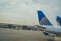 NEWARK, NJ - OCTOBER 16, 2017: United Airlines Logo on airplane tail wing at airport in Newark, New Jersey. United Royalty Free Stock Photo