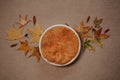Newborn autumn photography backdrop - white bowl on neutral beige and brown background with fall leaves and yellow center layer