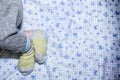 Newborn babies legs, blue background Royalty Free Stock Photo