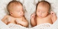 Newborn Babies Twins Sleep in Bed, Sleeping New Born Twin Kids Royalty Free Stock Photo