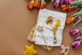 Newborn baby accessory and wooden toys in a box Royalty Free Stock Photo