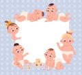 Newborn baby background. Little kids blank banner. Square frame with funny children in diapers. Toddlers actions. Infant