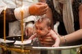 Newborn baby baptism in Holy water. baby holding mother`s hands. Infant bathe in water. Baptism in the font Royalty Free Stock Photo