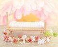 A newborn baby bed prop with flowers and soft pink colors.