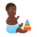 Newborn baby in blue diaper sitting, infant kid playing with colorful pyramid toy