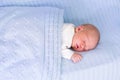 Newborn baby boy on a blue blanket Royalty Free Stock Photo