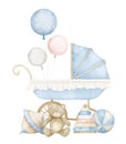 Newborn Baby Boy composition with Pram and kid Toys in pastel blue and beige colors. Watercolor illustration for child Royalty Free Stock Photo