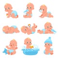 Newborn baby boy. Little child in diaper. Different emotions and everyday actions. Infant eating or bathing. Kid