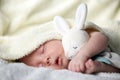 Newborn baby boy on white carpet closeup Royalty Free Stock Photo