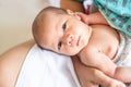 Newborn baby boy relaxing lay down on the lap of his mother Royalty Free Stock Photo