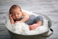 Newborn baby boy, sleeping peacefully in basket, dressed in knit Royalty Free Stock Photo