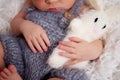 Newborn baby boy, sleeping peacefully in basket, dressed in knit Royalty Free Stock Photo