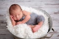 Newborn baby boy, sleeping peacefully in basket, dressed in knit Royalty Free Stock Photo