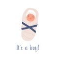 Newborn baby boy swaddled in blanket. Cute new born child with smiling face. Happy infant wrapped in swaddling clothes