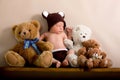 Newborn baby boy wearing a brown knitted bear hat and pants, sleeping on a shelf Royalty Free Stock Photo