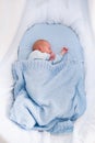 Newborn baby boy in white bassinet Royalty Free Stock Photo