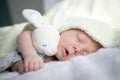 Newborn baby boy on white carpet closeup Royalty Free Stock Photo