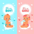 Newborn baby cards. Boy and girl vertical banners. Toddlers with bottles. Greeting child gender announcement. Pink and Royalty Free Stock Photo