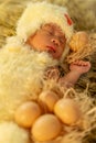 Newborn baby in chicken costume sleeping on fur bed Royalty Free Stock Photo