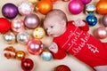 Newborn baby with Christmas tree decoarations and colorful toys and balls Royalty Free Stock Photo