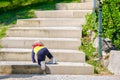 Newborn baby climb stairs step by step