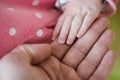 Newborn baby, closeup of fingers of fingers on hand of mother Royalty Free Stock Photo