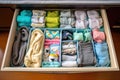 newborn baby clothes and diapers organized in a drawer